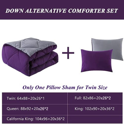  ELNIDO QUEEN 3 Pieces Comforter Set (Full, Purple & Grey) - 1 Reversible Down Alternative Comforter With 2 Pillow Shams - Soft Lightweight Duvet Insert | 82x86 Inch