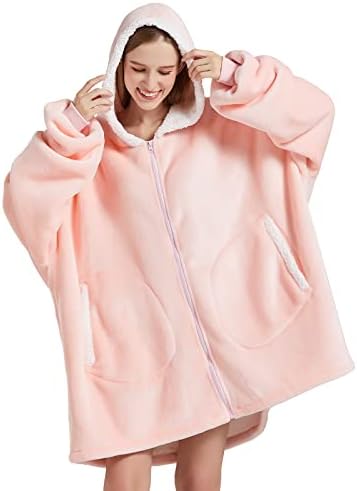  FAYBOX Wearable Blanket Hoodie With Zip For Kids,Fuzzy Warm Sherpa Comfy Oversized Hoodie Blanket Plush Sweatshirt-Light Grey