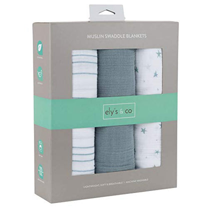  Ely's & Co. Muslin Swaddle Blanket 3-Pack For Baby Boy— 100% Cotton Muslin Extra-Large Swaddle Blankets (47”x 47”) — (Misty Blue Stars│Solid│Stripes)
