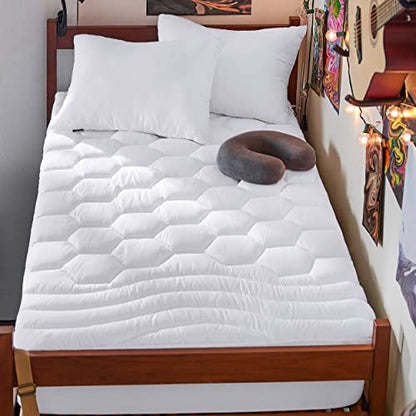  Twin XL Mattress Pad - Soft Cooling Mattress Cover For College Dorm, Extra Long Twin Quilted Fitted Mattress Protector With 8-21" Deep Pocket, Breathable Fluffy Pillow Top, White, 39x80 Inches