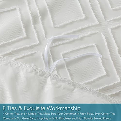  Lamourbear Jacquard & Tufted Duvet Cover Full Size White Bedding Set, All Seasons Comforter Cover, With Double-end Sliders Zipper Closure, 8 Ties, 3 Piece (2 Pillowcase, 1 Duvet Cover), Full