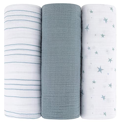  Ely's & Co. Muslin Swaddle Blanket 3-Pack For Baby Boy— 100% Cotton Muslin Extra-Large Swaddle Blankets (47”x 47”) — (Misty Blue Stars│Solid│Stripes)
