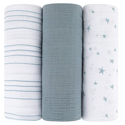  Ely's & Co. Muslin Swaddle Blanket 3-Pack For Baby Boy— 100% Cotton Muslin Extra-Large Swaddle Blankets (47”x 47”) — (Misty Blue Stars│Solid│Stripes)