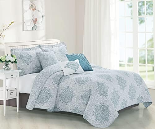  Home Soft Things Chelsea Printed Microfiber Quilts Coverlet Set Queen 90" X 90" Coral 6 Piece Bedding Set With Matching Shams Pillows, Medallion Design Soft Reversible Bedspread