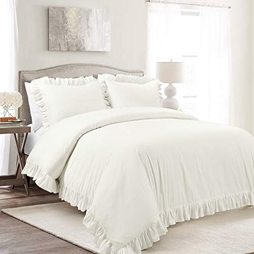 Reyna 3-Piece Ruffled Cotton Duvet Cover Bedding Set, Full/Queen, White