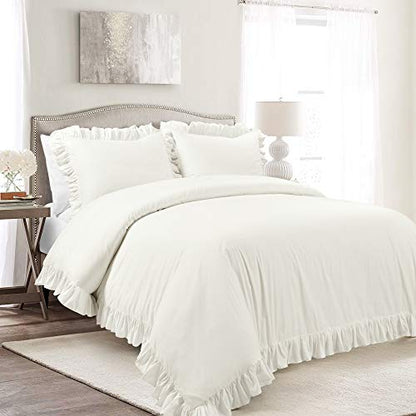  Reyna 3-Piece Ruffled Cotton Duvet Cover Bedding Set, Full/Queen, White