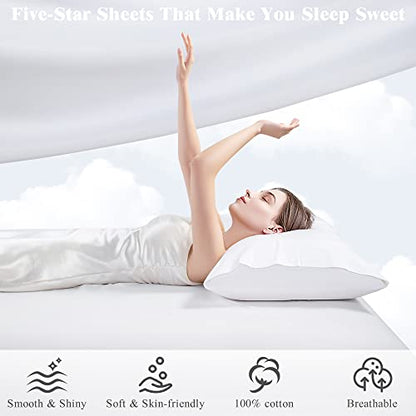  SONORO KATE 1200 Thread Count Cotton Sheets, Luxury 100% Egyptian Cotton Queen Size Sheets, Extra Soft Bed Sheets Sateen Weave With 16" Elasticized Deep Pocket - 4 Piece(Queen,White)