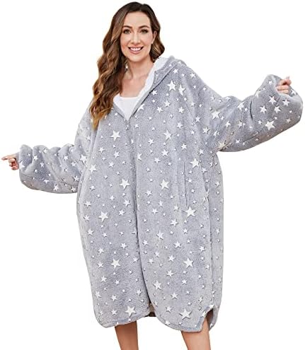  Uttermara Wearable Blanket Hoodie, Zipper Oversized Hoodie Blanket For Kids, Sherpa Hooded Blanket With Hood, Pocket & Sleeve, One Size Fits All, Stars Print Glow In The Dark
