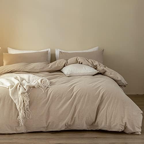 ELIMMO Duvet Cover Set Linen Texture 100% Cotton Fabric Durable Breathable Natural Dreamy Chic Feel (Beige Grey, Queen)