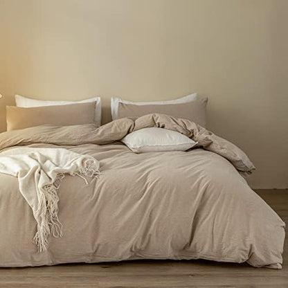  ELIMMO Duvet Cover Set Linen Texture 100% Cotton Fabric Durable Breathable Natural Dreamy Chic Feel (Beige Grey, Queen)