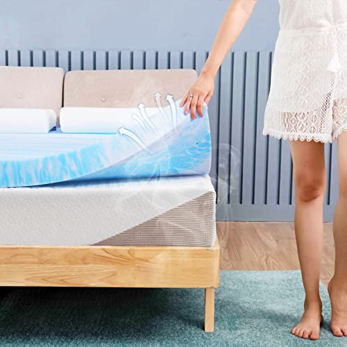  2 Inch Cooling Gel Memory Foam Mattress Topper In A Box, Medium Firm Mattress Topper For Pressure Relief & Temperature Regulation,CertiPUR-US Certified, Blue&White (Twin)
