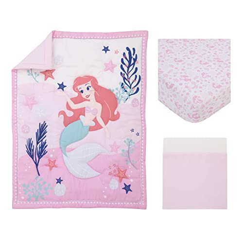  Disney The Little Mermaid Pink, Aqua, & Coral Ariel Cute By Nature 3Piece Nursery Crib Bedding Set - Comforter, Crib Sheet, Dust Ruffle, Pink, Aqua, Coral, Navy