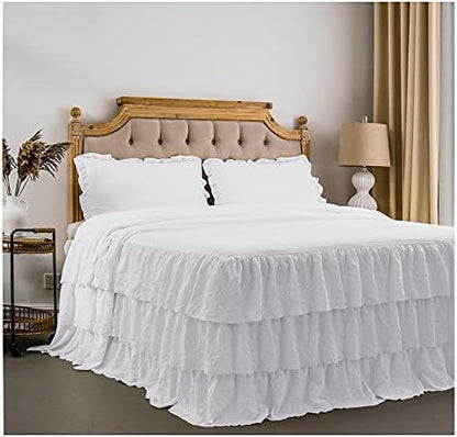  Rustic Ruffle Skirt Bedspread, Hand Made 30" Long Ruffle Skirt Coverlet, Natural Wrinkle Style For Kid, Baby （3 Pcs Set, Queen, White）