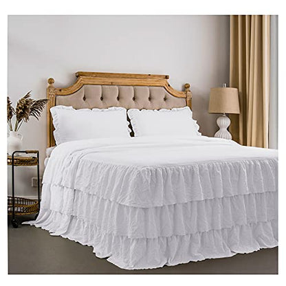  Rustic Ruffle Skirt Bedspread, Hand Made 30" Long Ruffle Skirt Coverlet, Natural Wrinkle Style For Kid, Baby （3 Pcs Set, Queen, White）
