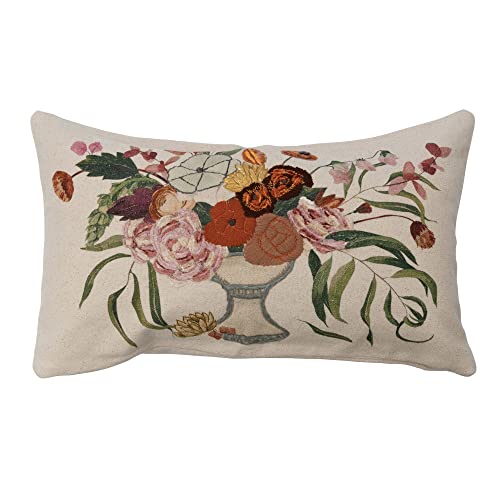  Creative Co-Op Cotton Lumbar Embroidery And Flowers In Vase, Multicolor Pillows, 24" L X 14" W X 1" H
