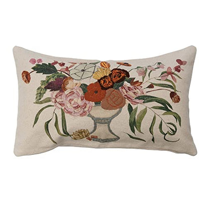  Creative Co-Op Cotton Lumbar Embroidery And Flowers In Vase, Multicolor Pillows, 24" L X 14" W X 1" H