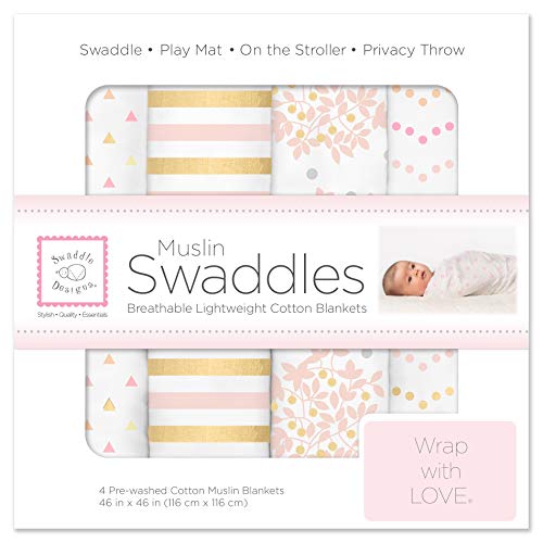  SwaddleDesigns Cotton Muslin Swaddle Blankets, Set Of 4, Pastel Pink Butterflies And Posies, 46x46 Inch (Pack Of 4)