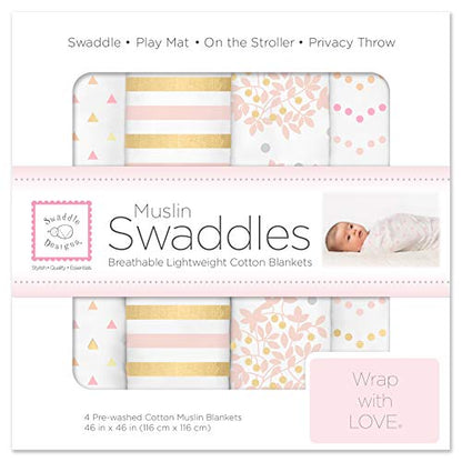  SwaddleDesigns Cotton Muslin Swaddle Blankets, Set Of 4, Pastel Pink Butterflies And Posies, 46x46 Inch (Pack Of 4)