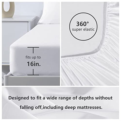  Queen Bed Sheets Set 1800 Series 4-Piece Embroidered Double Brushed Microfiber Sheets 16" Deep Pocket Hotel Soft Luxury Bedding Sheet Set, Wrinkle Resistant, White
