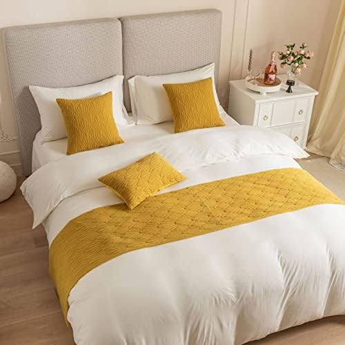  BiiKoon Quilted Bed Runners Solid Dutch Velvet Bed Scarves For Foot Of Bed Shell Pattern Bed End Towel For For Queen Double Single King Size Bed,Green Yellow 45 * 210cm