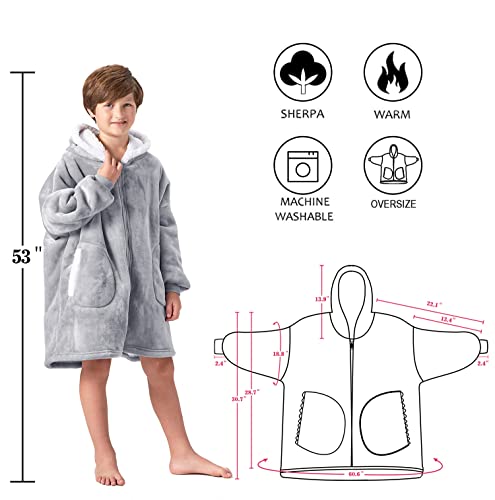  FAYBOX Wearable Blanket Hoodie With Zip For Kids,Fuzzy Warm Sherpa Comfy Oversized Hoodie Blanket Plush Sweatshirt-Light Grey