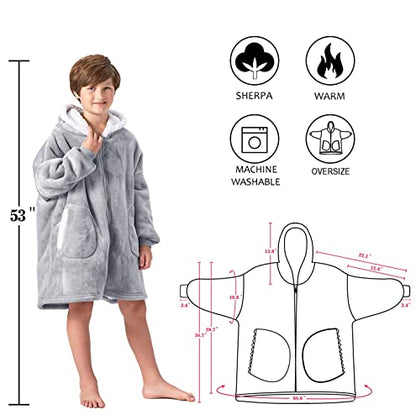  FAYBOX Wearable Blanket Hoodie With Zip For Kids,Fuzzy Warm Sherpa Comfy Oversized Hoodie Blanket Plush Sweatshirt-Light Grey