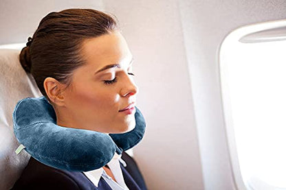  Inflatable Travel Neck Pillow: Extra-Soft, Cushion. For Airplanes, Trains, Cars, Portable Travel Accessory-With Carrying Pouch For Cell Phone And Passport Etc. (Blue)