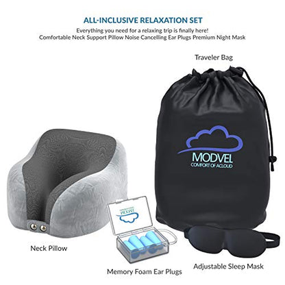  MODVEL Travel Pillow Pure Memory Foam | Neck Cushion For Airplane And Car Trips | Comfortable And Soft | Compact And Easy To Carry | With 3D Contoured Eye Masks, Earplugs, And Luxury Bag (MV-860)
