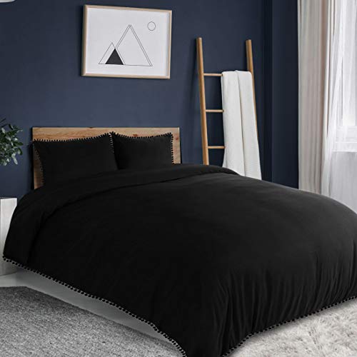  3 Pcs Duvet Cover Set With Pompoms,110gsm Brushed Polyester Microfiber Bedding Set,Duvet Cover & 2 Pillowcase,Zipper Closure & Corner Ties(No Duvet) Queen Black