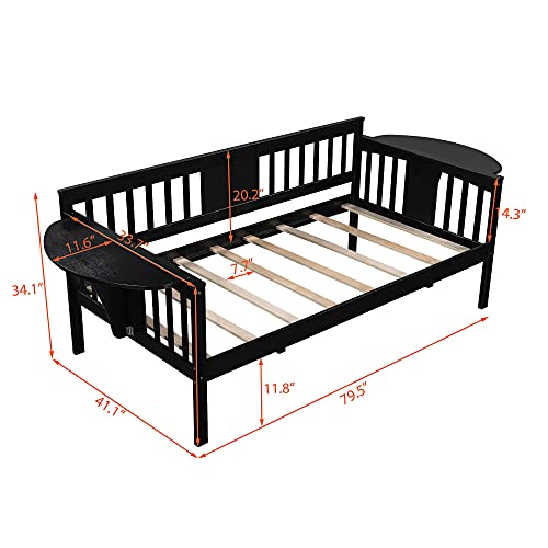  BIADNBZ Twin Daybed Sofa Bed Frame With 2 Side Small Foldable Table And Wood Slat Support, Bedroom Furniture Set, Easy Assembly, Espresso