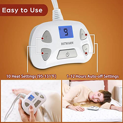  BSTWARM Heated Mattress Pad King Size, Electric Mattress Pad Dual Control, 8-21" Deep Pocket, 10 Heat Settings, 1-12 Hours Timed Off, Machine Washable - 80''x78''