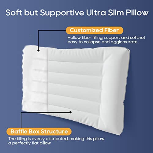  Stomach Sleeper Bed Pillows For Sleeping Queen Size, 2.5-Inch Height Ultra Thin Flat Slim Pillow For Stomach And Back Sleepers, Low Profile Pillow For Cervical Neck Alignment And Support, Cotton Cover