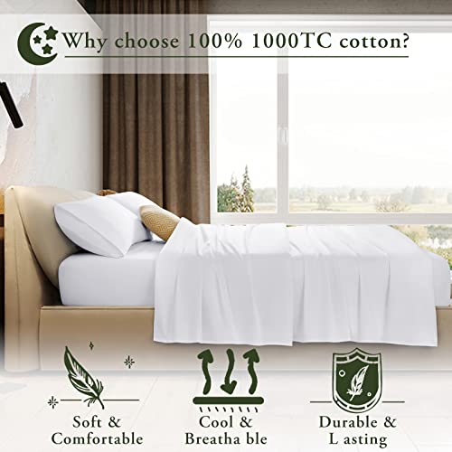  LBRO2M 1000 Thread Count 100% Egyptian Cotton Queen Size Sheets Set,Wrinkle Breathable Bed Sheet 4 Piece Sets,16 Inches Deep Pocket,Bedding Soft Comforterble,Sateen Weave Long Staple,White