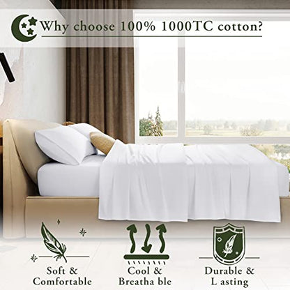  LBRO2M 1000 Thread Count 100% Egyptian Cotton Queen Size Sheets Set,Wrinkle Breathable Bed Sheet 4 Piece Sets,16 Inches Deep Pocket,Bedding Soft Comforterble,Sateen Weave Long Staple,White
