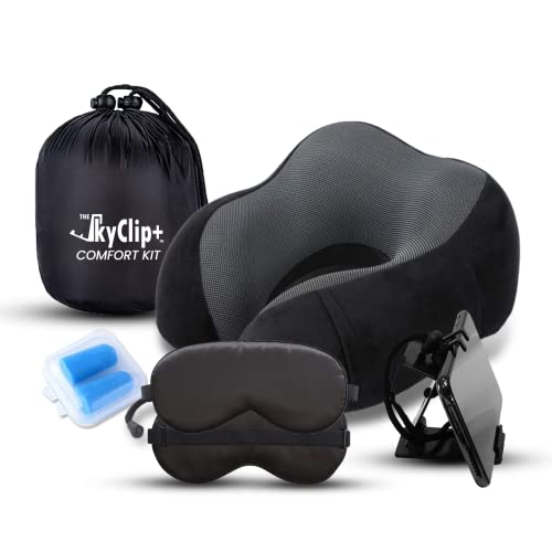  The SkyClip+ Travel Neck Pillow Set – Airplane Travel Kit With Memory Foam Neck Pillow, Eye Mask, Earplugs, Inflight Phone And Tablet Holder Clip - Soft And Breathable Airplane Pillow For Sleeping