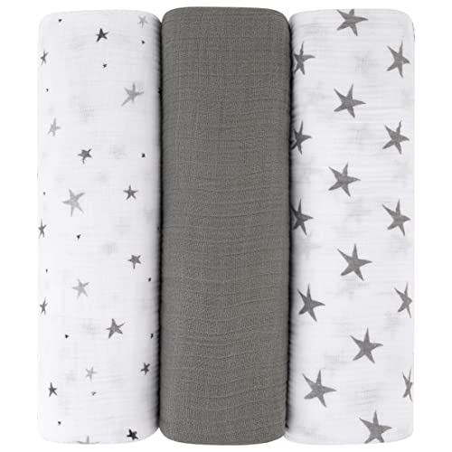  Ely's & Co. Muslin Swaddle Blanket 3-Pack For Baby Boy— 100% Cotton Muslin Extra-Large Swaddle Blankets (47”x 47”) — (Misty Blue Stars│Solid│Stripes)