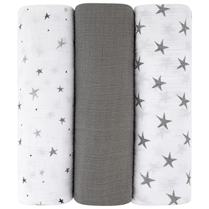  Ely's & Co. Muslin Swaddle Blanket 3-Pack For Baby Boy— 100% Cotton Muslin Extra-Large Swaddle Blankets (47”x 47”) — (Misty Blue Stars│Solid│Stripes)