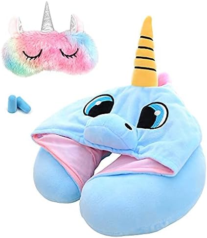  HOIIME Unicorn Travel Pillow With Hoodie,Adults & Kids Hooded Neck Pillow,Plush Animal U Shaped Cushion With Cute Sleep Mask For Airplane Travel (Blue)