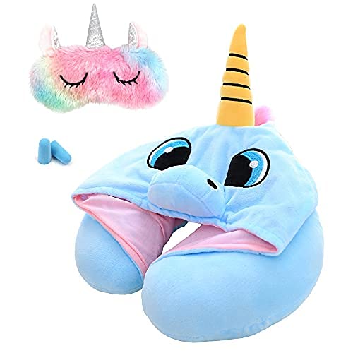  HOIIME Unicorn Travel Pillow With Hoodie,Adults & Kids Hooded Neck Pillow,Plush Animal U Shaped Cushion With Cute Sleep Mask For Airplane Travel (Blue)