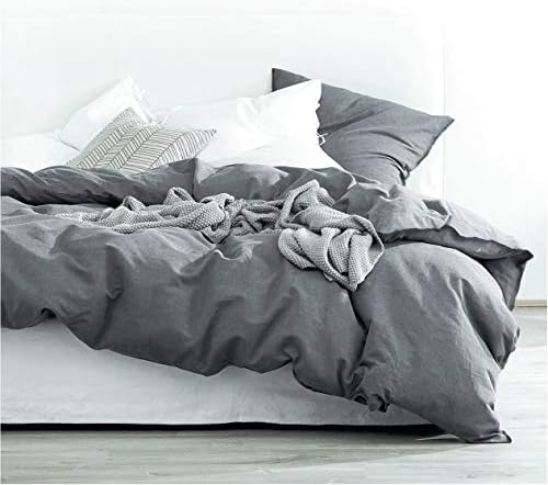  Washed Cotton Chambray Duvet Cover Solid Color Casual Modern Style Bedding Set Relaxed Soft Feel Natural Wrinkled Look (Queen, Charcoal)