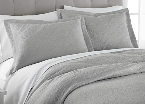 Gwen 3-Piece Floral Woven Jacquard Matelassé Bedding Cover - Solid Quilt Blanket Coverlet Set (Queen, Gray)