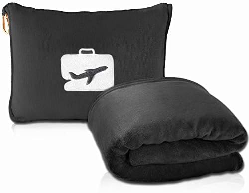  Travel Blanket And Pillow - Premium Soft 2 In 1 Airplane Blanket With Soft Bag Pillowcase, Hand Luggage Sleeve And Backpack Clip (Black)