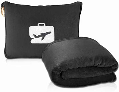  Travel Blanket And Pillow - Premium Soft 2 In 1 Airplane Blanket With Soft Bag Pillowcase, Hand Luggage Sleeve And Backpack Clip (Black)