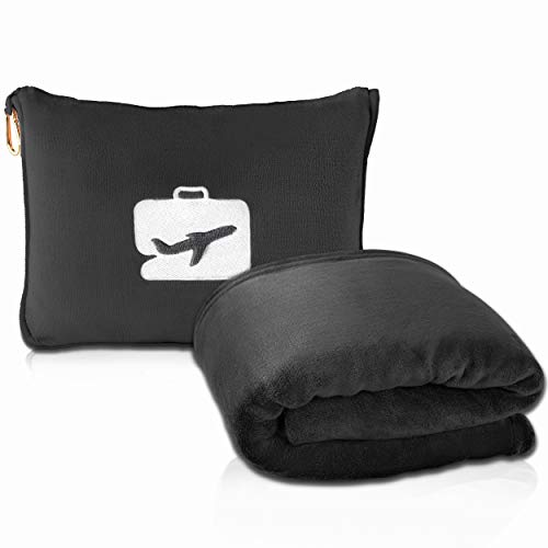  Travel Blanket And Pillow - Premium Soft 2 In 1 Airplane Blanket With Soft Bag Pillowcase, Hand Luggage Sleeve And Backpack Clip (Black)