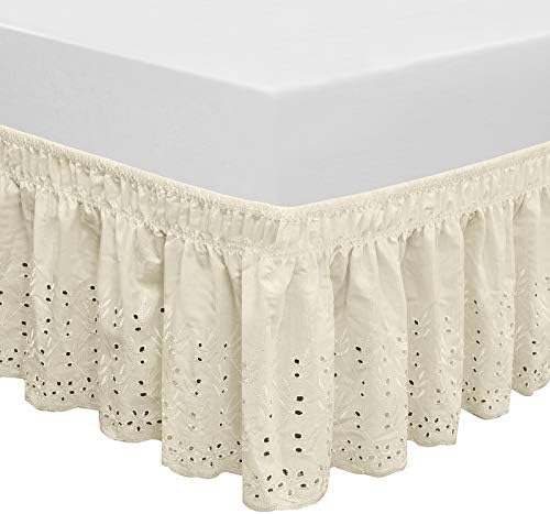  Wrap Around Elastic Eyelet Bed Skirts 14 1/2 Inches Drop Dust Ruffle Three Fabric Sides Easy On/Easy Off Adjustable Polyester Cotton(White Queen/King)