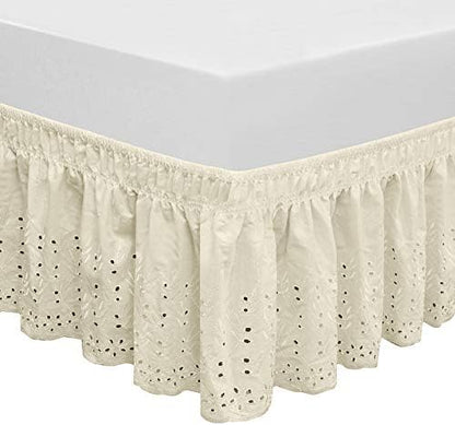  Wrap Around Elastic Eyelet Bed Skirts 14 1/2 Inches Drop Dust Ruffle Three Fabric Sides Easy On/Easy Off Adjustable Polyester Cotton(White Queen/King)