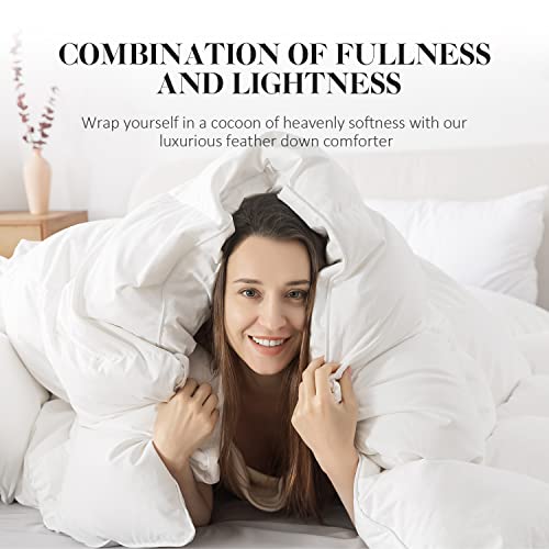  WhatsBedding Feather Comforter King Size, Filled With Feather And Down, All Season White Luxury Bed Comforter,Ultra Soft 100% Cotton Duvet Insert,106"x90"