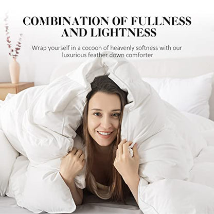  WhatsBedding Feather Comforter King Size, Filled With Feather And Down, All Season White Luxury Bed Comforter,Ultra Soft 100% Cotton Duvet Insert,106"x90"