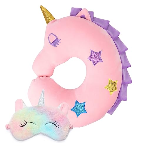  Kids Travel Pillow,Unicorn Kids Neck Pillow For Traveling With Sleep Mask,Cute Toddler Car Flight Pillow,Kids Travel Essentials Airplane Road Trip Must Have,Cartoon Gift For Adult,Toddler,Child,Girl