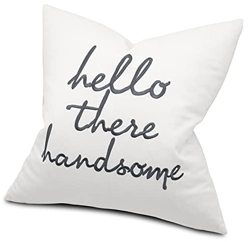  EURASIA DECOR Set Of 2 Pcs Hello Handsome Good Morning Gorgeous Embroidered Square Accent Throw Pillow Cover - Gift For Wedding, Couple, Anniversary, Bedroom Decor - 18x18 Inches, Ivory